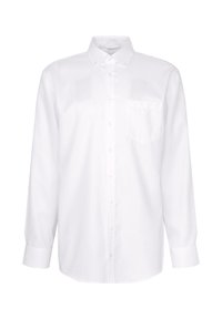 Biała koszula na długi rękaw z klasycznym kołnierzykiem i pojedynczą kieszenią na piersi. Wykonana z gładkiej tkaniny o jednolitym wzorze.