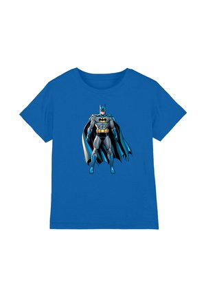 Blue t-shirt featuring a detailed illustration of Batman in gray suit with black cape and yellow belt standing facing forward.