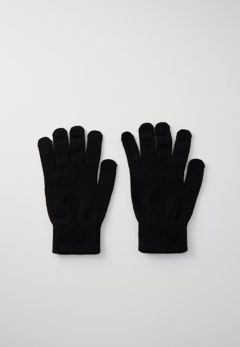 Black knit gloves with finger openings and ribbed wrist cuffs. Smooth texture, standard fit, and simple design. Ideal for cold weather.