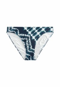 Chilot de bikini tie-dye cu o bază de culoare albastru marin și modele albe, fabricat dintr-un material elastic, conceput pentru a oferi un confort sporit și o acoperire moderată.