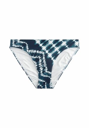 Tie-dye bikiniunderdel med en marinblå bas och vita mönster, tillverkad av stretchigt material, utformad för en bekväm passform och måttlig täckning.