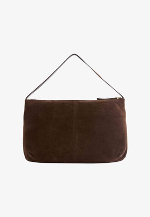 Borsa a tracolla rettangolare in camoscio marrone scuro con una singola tracolla, cucitura verticale visibile al centro davanti e chiusura superiore con cerniera.