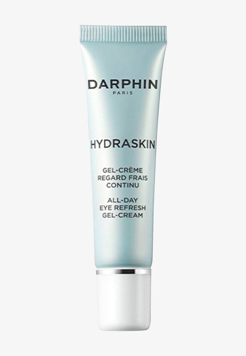 Darphin Hydraskin gel-crema rinfrescante per occhi tutto il giorno in un tubetto azzurro chiaro con tappo bianco e testo nero sul davanti.