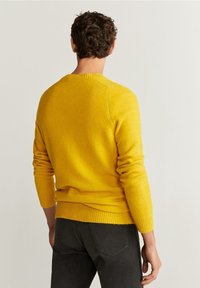 Heller gelber Wollpullover mit gerippten Bündchen und Saum, runder Ausschnitt und weicher Textur. Getragen mit dunklen Hosen.