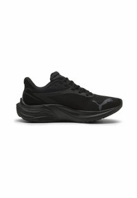 Musthave mustusne tossud, millel on võrgust pealis, tekstureeritud sünteetilised aksendid ja pehme tald lainelise disainiga. Puma logo küljel.