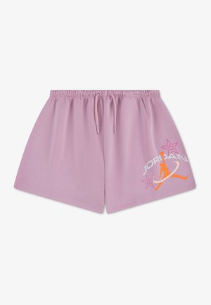 Ľalikové športové šortky s elastickým pásom a šnúrkou na utiahnutie, s oranžovým siluetovým dizajnom a bielym nápisom "JORDAN" s ružovými hviezdami na pravom stehne.