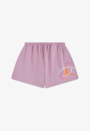 Orgona sportos rövidnadrág rugalmas derékrésszel és húzózsinórral, narancssárga sziluettel és fehér "JORDAN" felirattal, rózsaszín csillagokkal a jobb lábszáron.