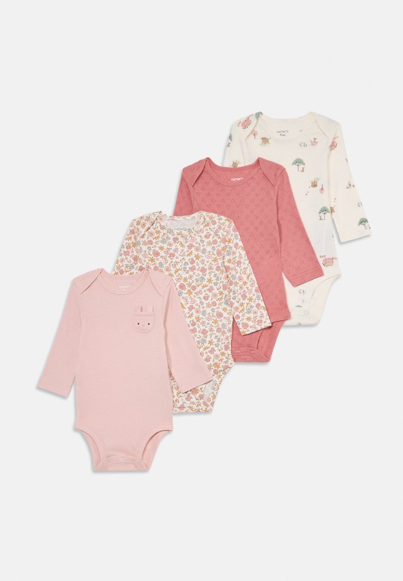 Set of four long-sleeve baby bodysuits. Features include pink fabric, floral and tree prints, and a bunny pocket detail on one.