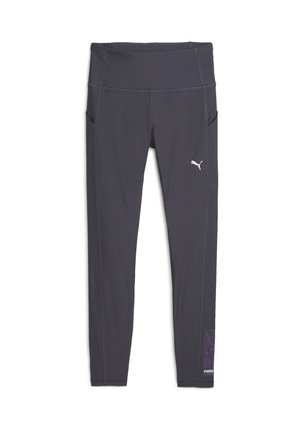 Leggings atletice gri cu talie înaltă, buzunare laterale și un accent modelat în nuanță de mov pe partea inferioară a piciorului, având un logo alb.
