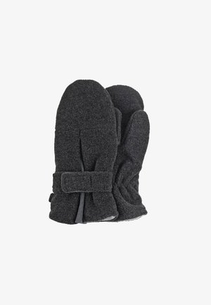 Dunkelgraue Fleece-Handschuhe mit einer glatten Textur, runder Form und einem Stoffriemen am Handgelenk zur Anpassung.