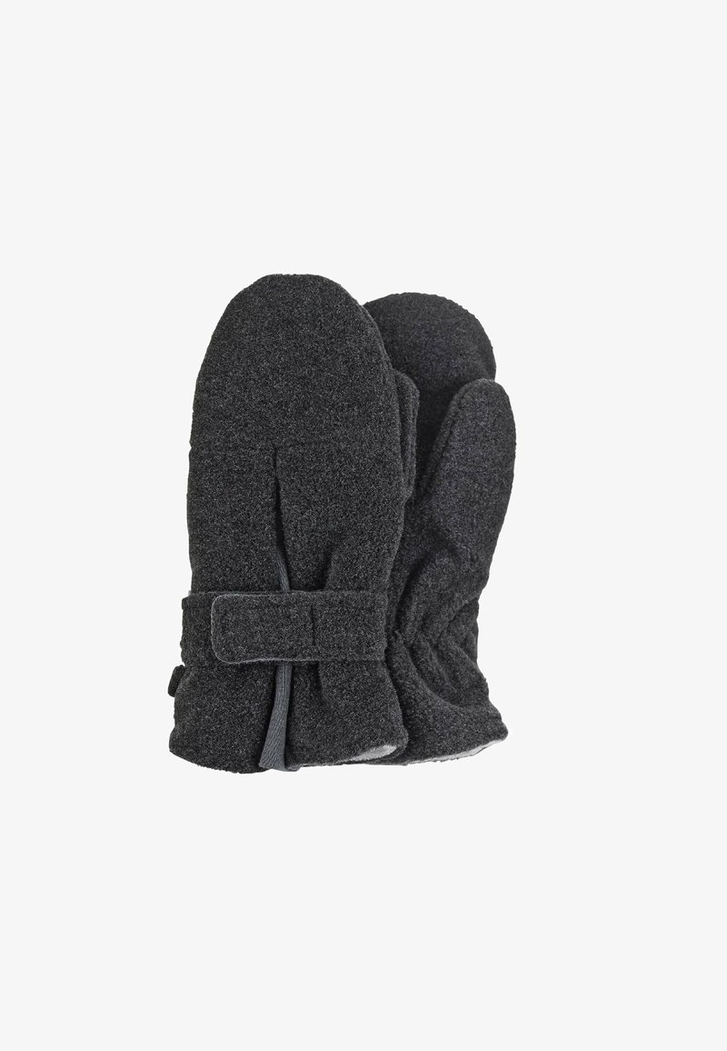 Dunkelgraue Fleece-Handschuhe mit einer glatten Textur, runder Form und einem Stoffriemen am Handgelenk zur Anpassung.