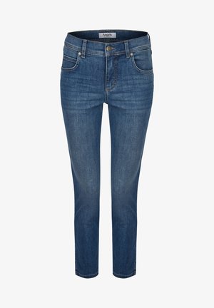 Ciemnoniebieskie dżinsy o prostym kroju, pięć kieszeni i zapięcie na guzik. Tkanina ma gładką strukturę z delikatnymi efektami wyblaknięcia.