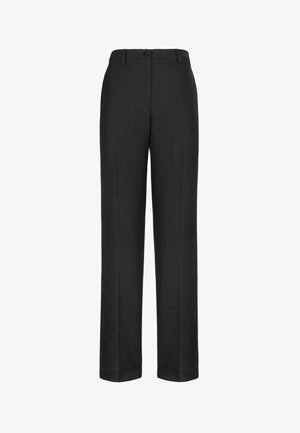 Pantaloni su misura grigio scuro, con gamba dritta, dotati di chiusura a singolo bottone e sottili righe verticali nella texture del tessuto.