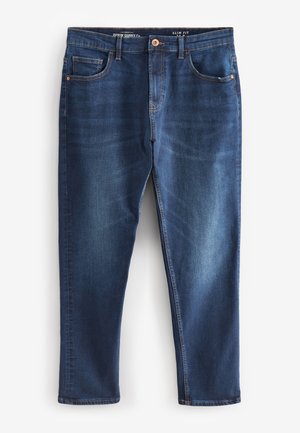 Slim fit modre kavbojke z zbledelim pranjom, petimi žepi, bakrenimi zakovicami in gumbom za zapiranje. Mehka tekstura z ojačanimi šivi.
