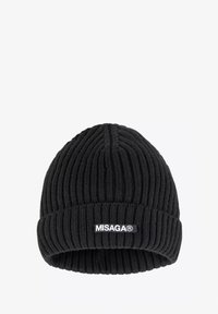 Czarna, dziergana czapka z prążkowanym fabrycznym wzorem i wywiniętym brzegiem. Zawiera białą naszywkę z logo, minimalistyczny i uniwersalny w stylu.