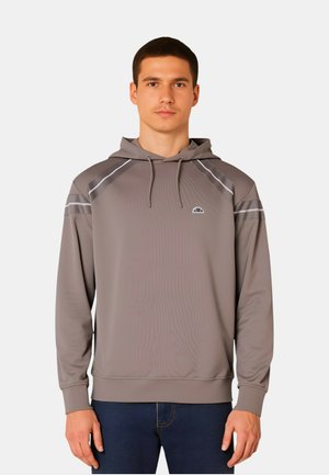 Felpa con cappuccio grigia, dotata di coulisse, con strisce a contrasto sulle spalle e un piccolo logo sul petto. Texture liscia.