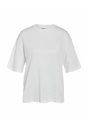 Paprastas baltas trumpomis rankovėmis laisvo stiliaus marškinėlis su apvalia iškirpte, eksponuojamas ant neutralaus fono.