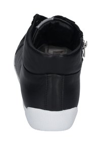 Black leather high-top sneaker with a zip closure and white rubber sole. Smooth texture with stitching details on the back.