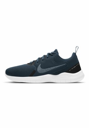 Dark blue Nike running shoe with white sole, mesh upper, silver swoosh logo, and heel tab, side view on a white background.