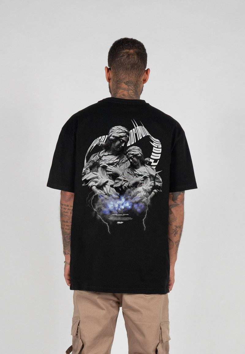 Black short-sleeve t-shirt featuring a detailed graphic print on the back depicting two figures with a blue light and lightning accents.