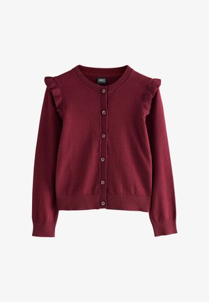 Bordeaux cardigan med lange ærmer og rund halsudskæring, der har flæsedetaljer på skuldrene og knaplukning foran.