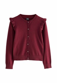 Cardigan borgogna con maniche lunghe, scollatura rotonda, dettagli a volant sulle spalle e sei bottoni coordinati sul davanti. Tessuto morbido.