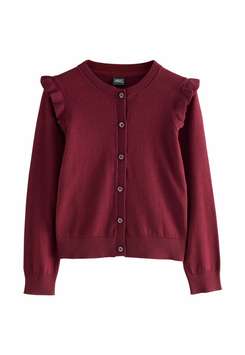 Cardigan borgogna con maniche lunghe, scollatura rotonda, dettagli a volant sulle spalle e sei bottoni coordinati sul davanti. Tessuto morbido.