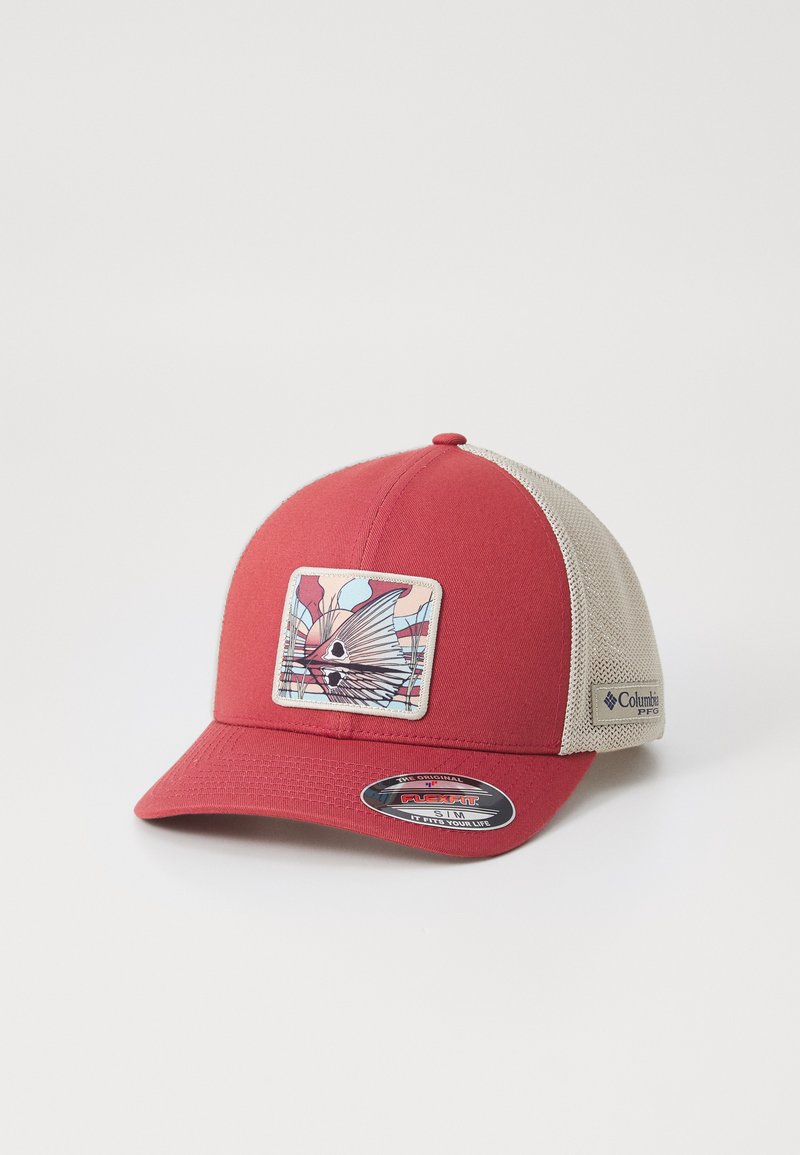 Red cap with a curved brim, mesh beige sides, featuring a colorful fish graphic patch on the front. Logo on the side.