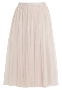 Ljusrosa knä-length kjol med en texturerad överdrag som har vita stjärnliknande mönster. Elastisk midjeband och veckad design.