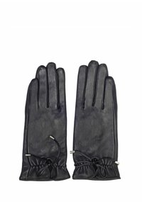 Czarne skórzane rękawiczki o gładkiej teksturze, z elastycznym mankietem i metalowymi akcentami do regulacji. Styl z pięcioma palcami.