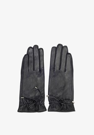 Czarne skórzane rękawiczki o gładkiej teksturze, z elastycznym mankietem i metalowymi akcentami do regulacji. Styl z pięcioma palcami.