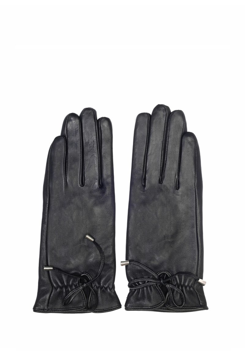 Czarne skórzane rękawiczki o gładkiej teksturze, z elastycznym mankietem i metalowymi akcentami do regulacji. Styl z pięcioma palcami.