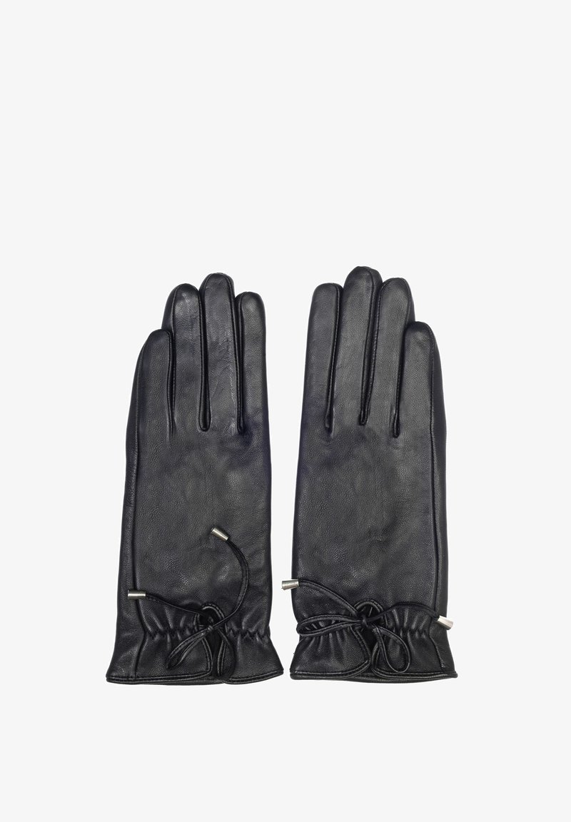 Czarne skórzane rękawiczki o gładkiej teksturze, z elastycznym mankietem i metalowymi akcentami do regulacji. Styl z pięcioma palcami.