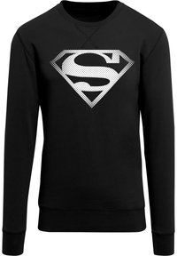 Black sweatshirt made of cotton with a round neck, featuring a large white Superman logo in a dotted pattern across the chest.