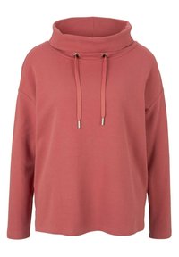 Różany pulower z długim rękawem, z wysokim kołnierzem kominowym i regulowanymi sznurkami. Teksturowana tkanina o luźnym kroju i opuszczonych ramionach.