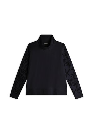 Pull noir avec un col montant, doté de manches longues avec un motif floral texturé. Tissu lisse, coupe décontractée et poignets côtelés.