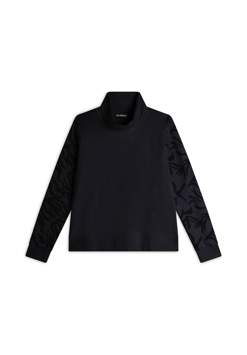 Pullover nero con colletto alto, caratterizzato da maniche lunghe con un motivo floreale testurizzato. Tessuto liscio, vestibilità comoda e polsini a coste.