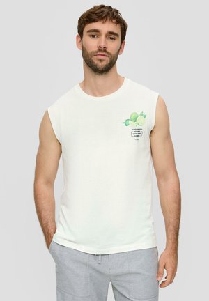 White sleeveless cotton t-shirt featuring a green lime graphic and text on the left side. Smooth texture, casual fit, round neckline.