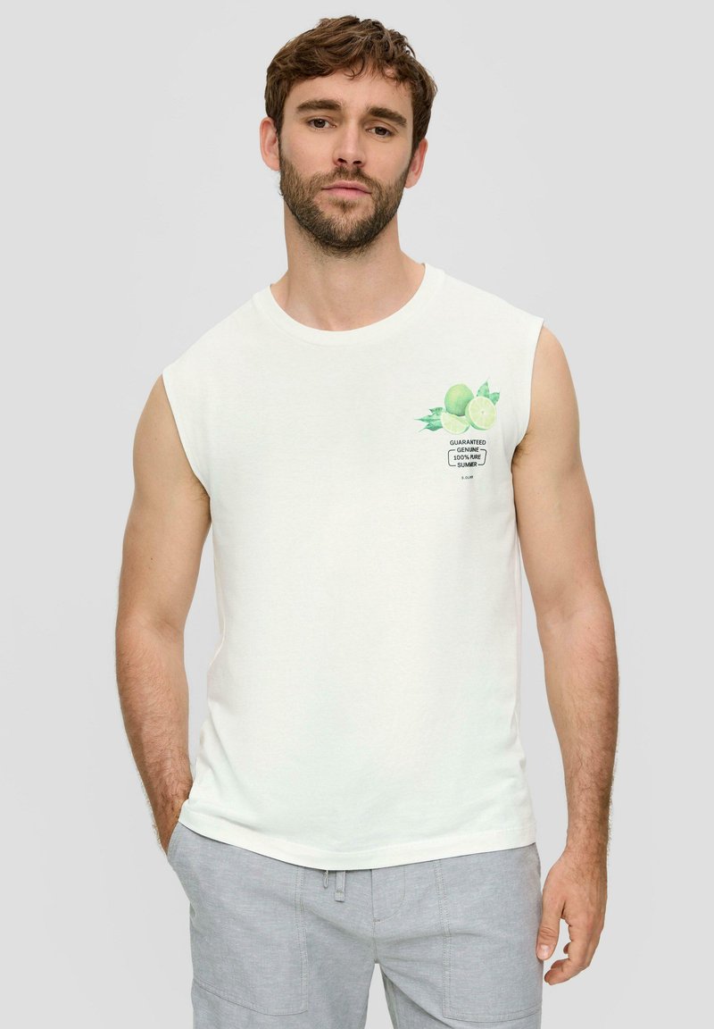 White sleeveless cotton t-shirt featuring a green lime graphic and text on the left side. Smooth texture, casual fit, round neckline.