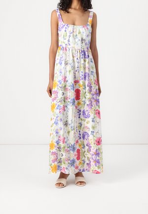 Floralmaxikleid mit quadratischem Ausschnitt und breiten Trägern. Es ist mit einem lebhaften Druck verschiedener Blumen in Lila, Gelb und Rot auf weißem Hintergrund versehen.