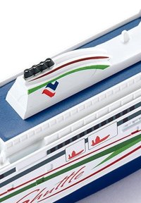 Model ferry with a white and blue hull, decorated with green and red stripes; features a detailed deck and black hardware elements.