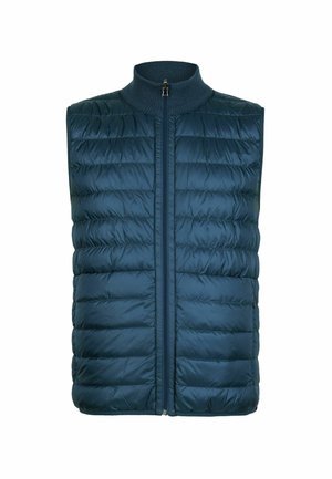 Gilet matelassé bleu marine à col haut, avec fermeture éclair et design matelassé. Il présente une texture lisse et brillante et n'a pas de manches.