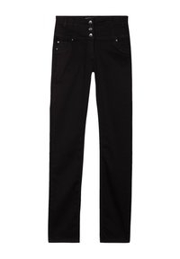 Pantalons en denim noir à taille haute, cinq poches, fermeture à deux boutons et texture lisse. Design à jambe droite avec un matériel minimal.