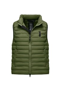 Groene puffervest met een hoge kraag, rits aan de voorkant en twee zijzakken, voorzien van horizontale stiknaden en een slanke, gladde textuur.