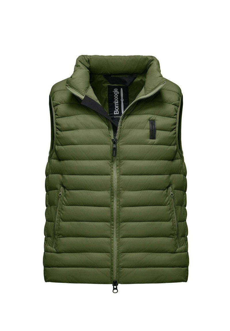 Groene puffervest met een hoge kraag, rits aan de voorkant en twee zijzakken, voorzien van horizontale stiknaden en een slanke, gladde textuur.