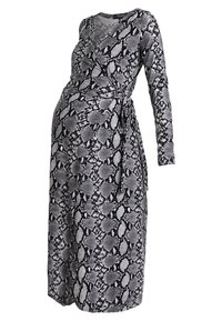 Sukienka ciążowa z długim rękawem, do kolan, z wiązaniem z boku, w wzór węża w odcieniach szaro-czarnych.