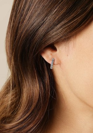 Rechteckige Ohrringe in Silberoptik mit einer Reihe von kleinen klaren Strasssteinen, die vor einem Hintergrund aus glatter Haut und Haaren zur Geltung kommen.