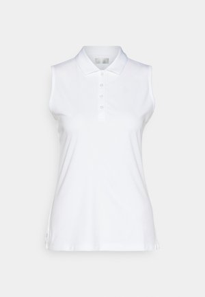 Bela brezrokavna polo majica iz gladkega blaga, s klasičnim ovratnikom, petimi gumbi in stranskimi razpoki za lažje gibanje.