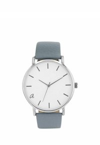 Runder silberner Druck mit einem weißen Zifferblatt, grauem Lederarmband, silbernen Stundenmarkierungen und einem kleinen Markenlogo auf dem Zifferblatt. Einfaches und minimalistisches Design.