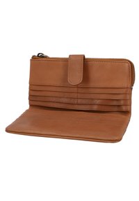 Brown leather wallet with a zip closure, multiple card slots, and a flat, smooth texture. Features a snap closure on the front.